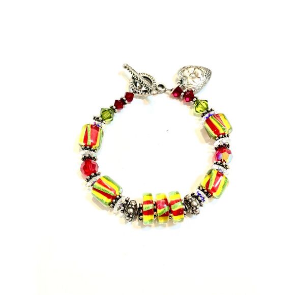 Handmade Lampwork Beads Red Yellow Green with Heart Charm #vintage #festive - Picture 4 of 7